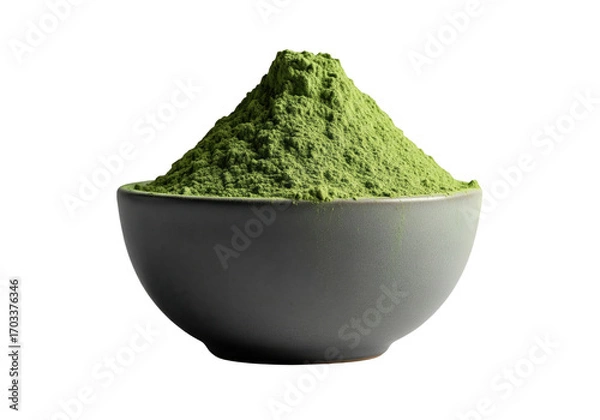 Fototapeta A pile of vibrant green powder in a dark grey bowl, isolated on a transparent background.

