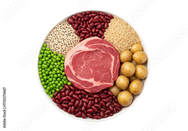 Fototapeta Raw beef steak on a plate with various healthy ingredients, isolated on a transparent background.

