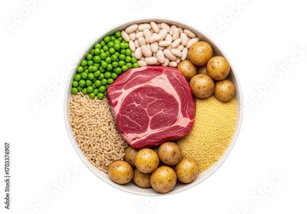 Fototapeta Raw beef steak on a plate with various healthy ingredients, isolated on a transparent background.


