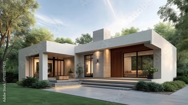 Fototapeta Modern single-story house exterior with flat roof, large windows, clean lines, minimalistic design surrounded by greenery.