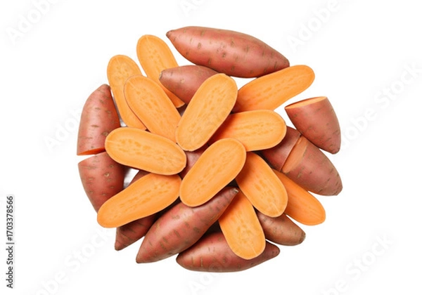 Fototapeta Top view of whole and sliced sweet potatoes, isolated on a transparent background.

