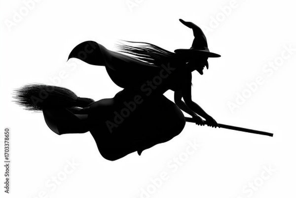 Fototapeta Silhouette of a flying witch on broomstick isolated on white background, spooky Halloween symbol and fantasy magic illustration