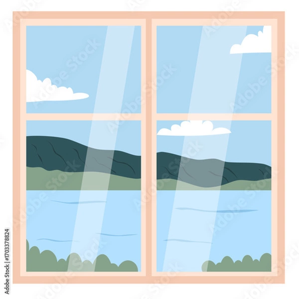 Fototapeta glass window with curtains on a landscape background. Outside the window there are branches of a tree with leaves. Vector illustration