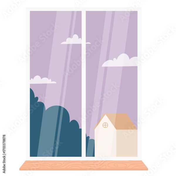 Fototapeta glass window with curtains on a landscape background. Outside the window there are branches of a tree with leaves. Vector illustration