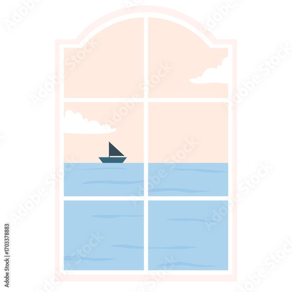Fototapeta glass window with curtains on a landscape background. Outside the window there are branches of a tree with leaves. Vector illustration