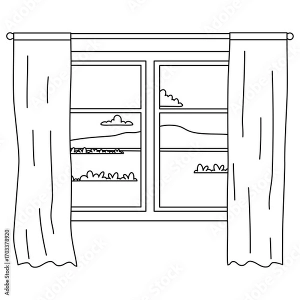Fototapeta glass window with curtains on a landscape background. Outside the window there are branches of a tree with leaves. Vector illustration