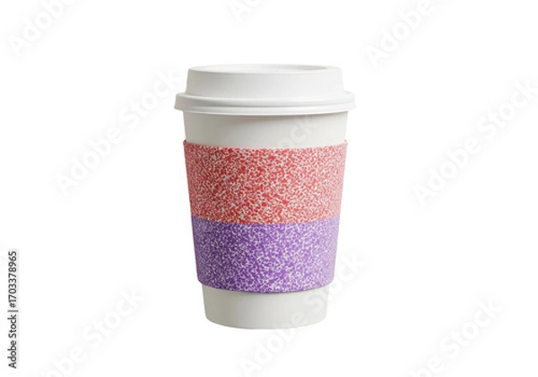 Fototapeta Paper coffee cup with a red and purple textured sleeve, isolated on a transparent background.

