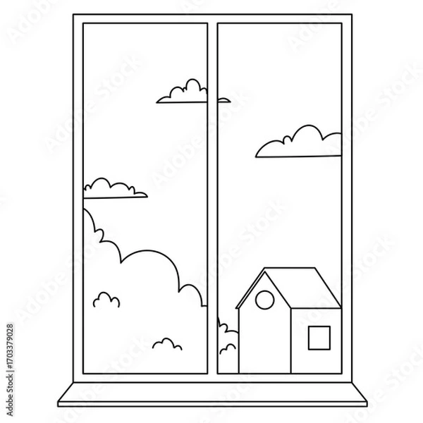 Fototapeta glass window with curtains on a landscape background. Outside the window there are branches of a tree with leaves. Vector illustration