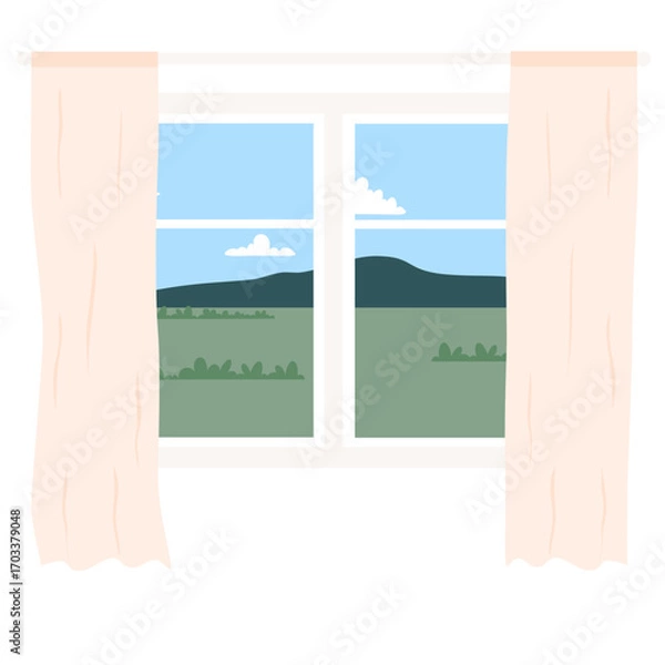 Fototapeta glass window with curtains on a landscape background. Outside the window there are branches of a tree with leaves. Vector illustration