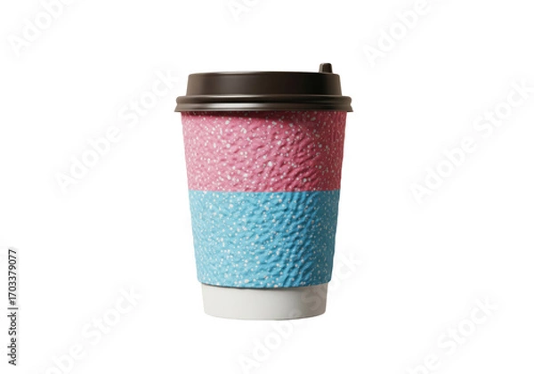 Fototapeta Paper coffee cup with a red and purple textured sleeve, isolated on a transparent background.

