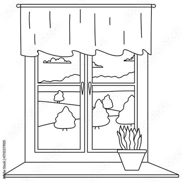 Fototapeta glass window with curtains on a landscape background. Outside the window there are branches of a tree with leaves. Vector illustration