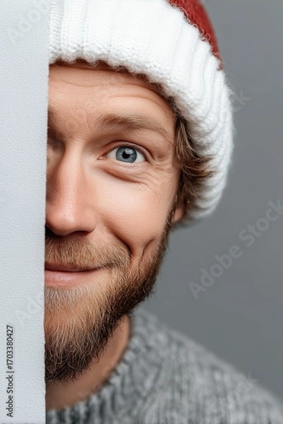 Fototapeta Close-up portrait of a smiling man in a Santa hat, peeking from behind a blank board, with copy space for holiday text