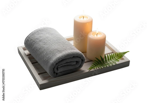 Fototapeta Spa set with lit candles and a folded towel on a wooden tray, isolated on a transparent background.

