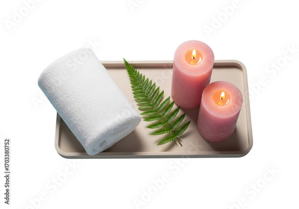 Fototapeta Spa set with lit candles and a folded towel on a wooden tray, isolated on a transparent background.

