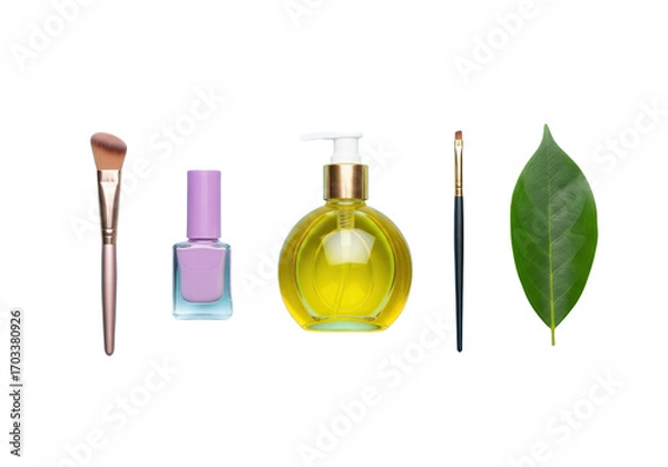 Fototapeta Flat lay of beauty products and a fall leaf, isolated on a transparent background.

