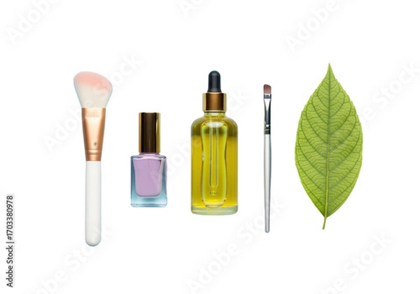 Fototapeta Flat lay of beauty products and a fall leaf, isolated on a transparent background.

