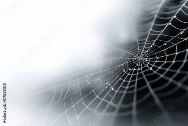 Fototapeta Macro photo of a spider web with dew drops on white background. Minimalist nature close-up showing delicate threads and water droplets in soft light