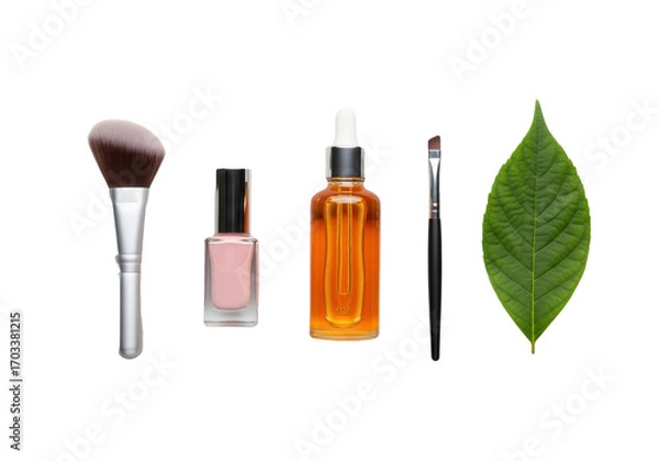 Fototapeta Flat lay of beauty products and a fall leaf, isolated on a transparent background.

