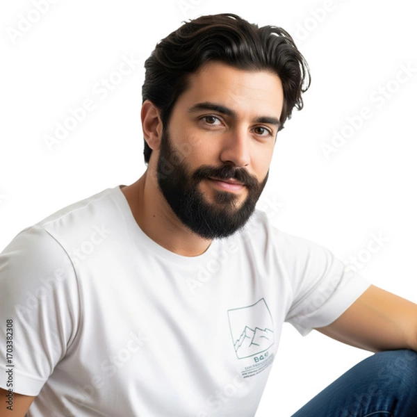 Fototapeta Smiling bearded man in a white t-shirt, isolated on a transparent background.

