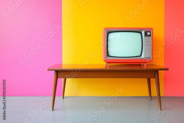 Fototapeta A retro television sits on a wooden table against bright pink and yellow walls, creating a vibrant aesthetic in the room.