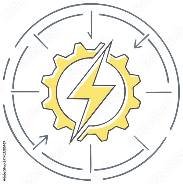 Fototapeta Energy process workflow icon with a yellow gear and lightning bolt illustration