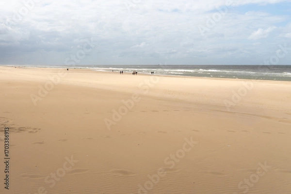 Fototapeta Wide sandy beach with people walking along the shore under a cloudy sky in the afternoon