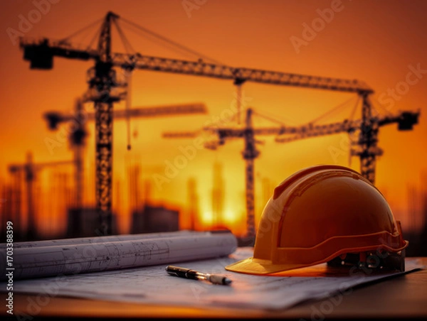 Fototapeta Construction safety helmet resting on blueprints with a pen during sunset at a busy building site with cranes silhouetted in the background