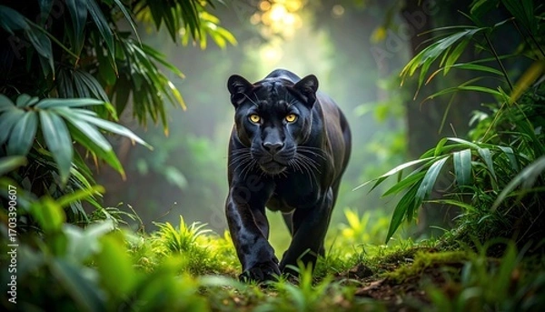 Fototapeta Majestic Black Panther in Lush Jungle
