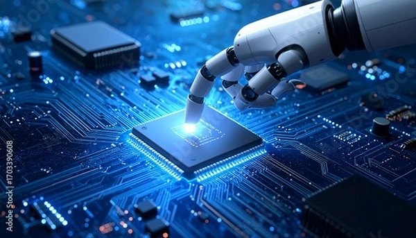 Obraz Robotic Hand Interacting with Microchip: Advanced Technology and Automation