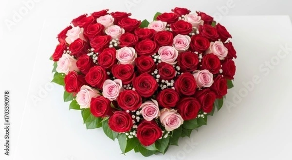 Fototapeta A heart-shaped arrangement of red and pink roses, beautifully displayed on a white background.