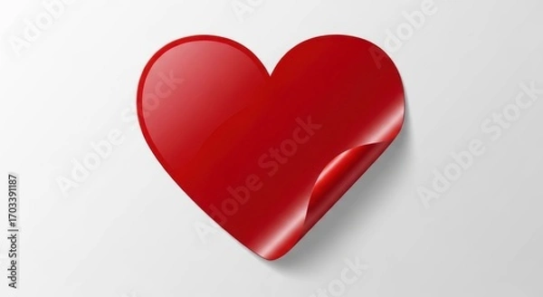 Fototapeta Glossy Red Heart Sticker with a Realistic 3D Curled Corner on a White Surface