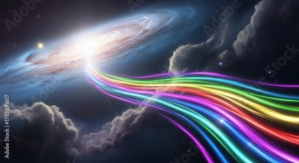 Fototapeta Multicolored, flowing rainbows emanate from a bright galactic center, soaring through a night sky filled with distant stars and clouds.
