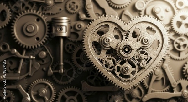 Fototapeta The Clockwork of Affection: A Metallic Heart Gear Amidst Industrial Machinery