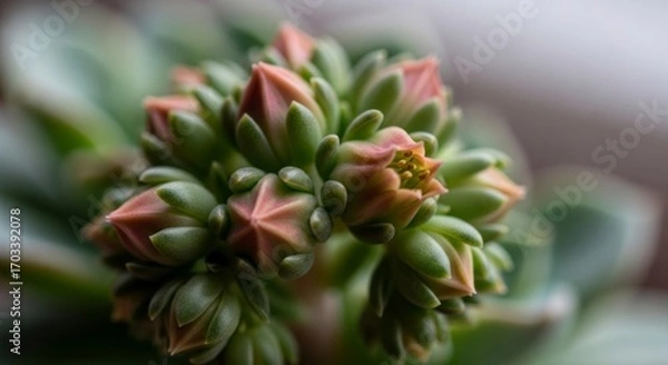 Fototapeta Close-up view of a cluster of succulent plant buds, showcasing delicate pink-hued blossoms in a grouping of vibrant green leaves.