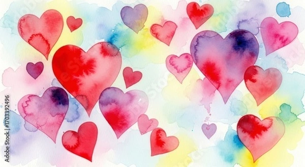 Fototapeta A Tender Cascade of Red, Pink, and Purple Watercolor Hearts on a Colorful Wash