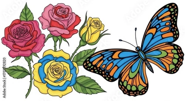 Fototapeta Vibrant floral design featuring a cluster of roses and a detailed butterfly, showcasing rich colors and intricate detailing.