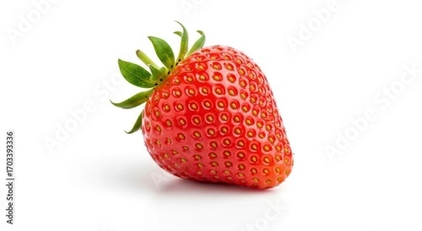 Fototapeta Close-up view of a single, vibrant red strawberry against a pure white background, showcasing its glossy texture and fresh green leaves.