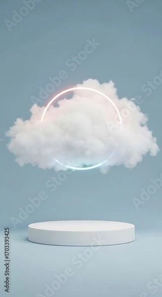 Fototapeta Floating cloud with neon ring above minimalist pedestal on pastel background