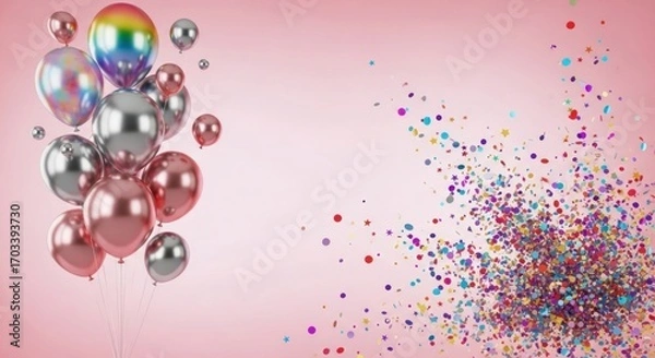 Fototapeta A cluster of metallic balloons in rose gold and silver, against a backdrop of vibrant confetti explosion, creates a celebratory and joyful scene.