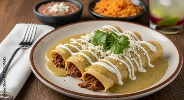 Fototapeta Three enchiladas, filled with savory meat, smothered in a vibrant green sauce, topped with creamy white sauce and shredded cheese, garnished with fresh cilantro, served on a plate, with a wooden...