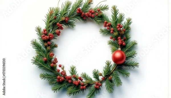 Fototapeta A Christmas wreath made of fir branches, decorated with red berries and a single red ball, is peacefully placed on a white background, creating an atmosphere of celebration and comfort.