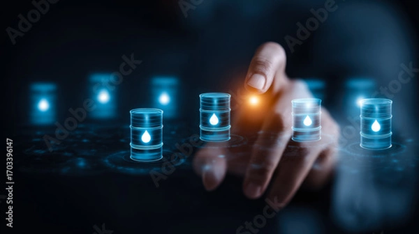 Fototapeta Person interacting with futuristic digital interface displaying glowing oil barrel icons symbolizing energy management and resource selection in a dark environment