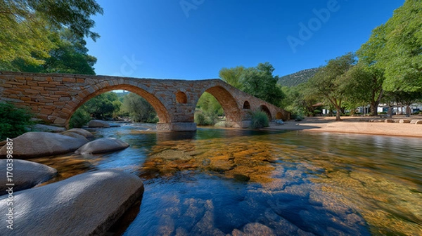 Obraz A retiree photographs old bridges in a countryside with stone arches flowing rivers and sheep grazing nearby captured in a scenic photo with structural details water ripples