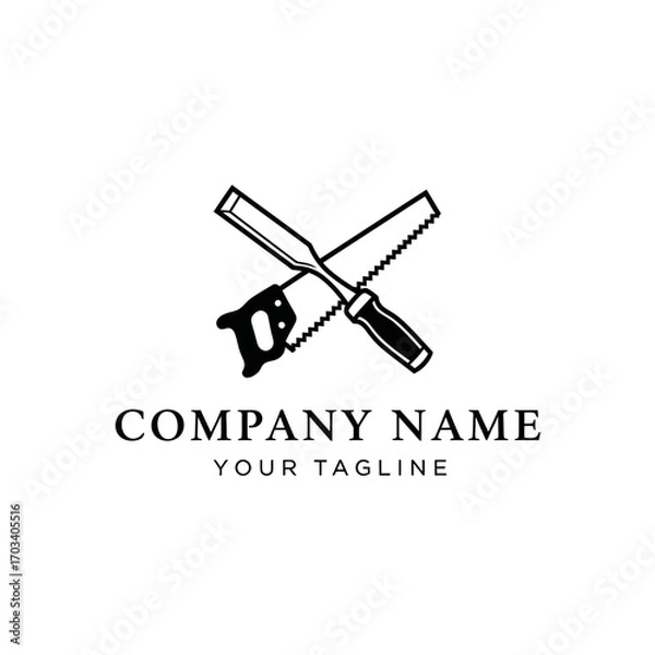 Fototapeta Logo design featuring a crossed saw and chisel, suitable for a woodworking company.