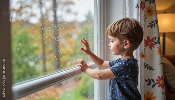 Obraz Curious child gently tapping the window on a rainy day, childhood wonder