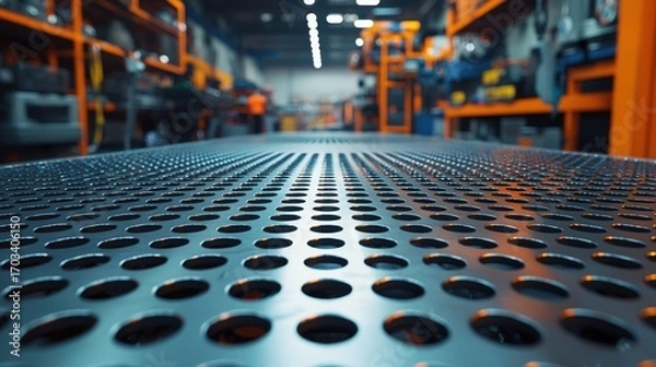 Fototapeta Workshop workstation with perforated metal surface and industrial shelving background