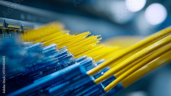 Fototapeta Detailed view of yellow fiber optic cables connected to a blue network patch panel for high-speed data transmission and telecommunication infrastructure setup
