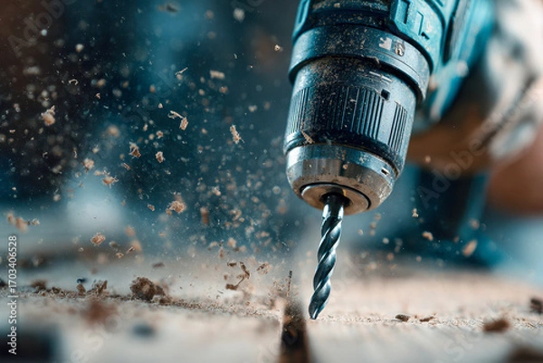 Fototapeta Close-up view of a power drill actively drilling into wood, sending dust and debris flying in a dynamic construction work scene