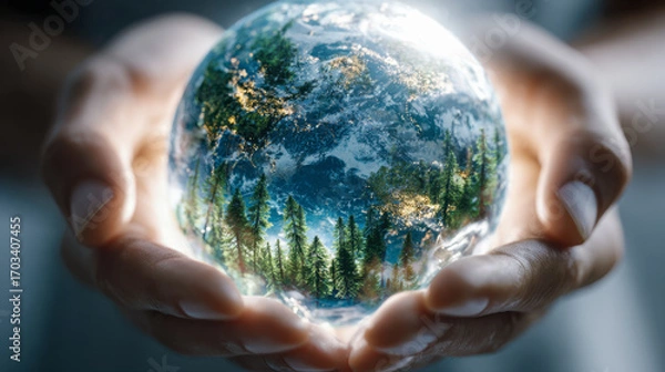 Fototapeta Close-up of hands gently holding a crystal globe reflecting green trees and illuminated city lights symbolizing care for nature and environmental protection