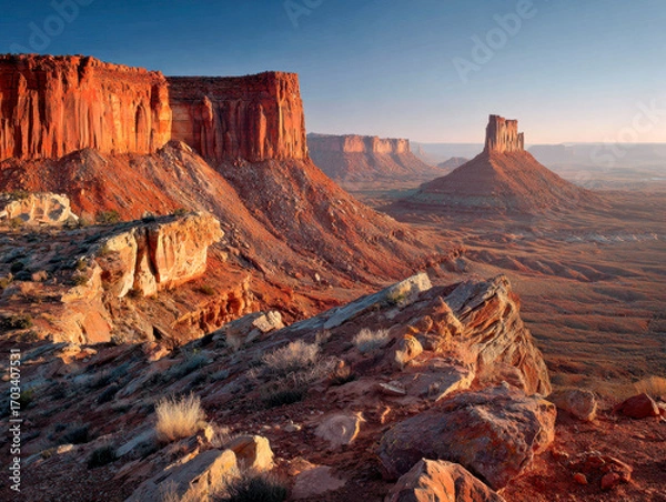 Fototapeta Expansive desert canyon landscape with striking red rock formations illuminated by golden sunlight under a clear sky in a remote wilderness area